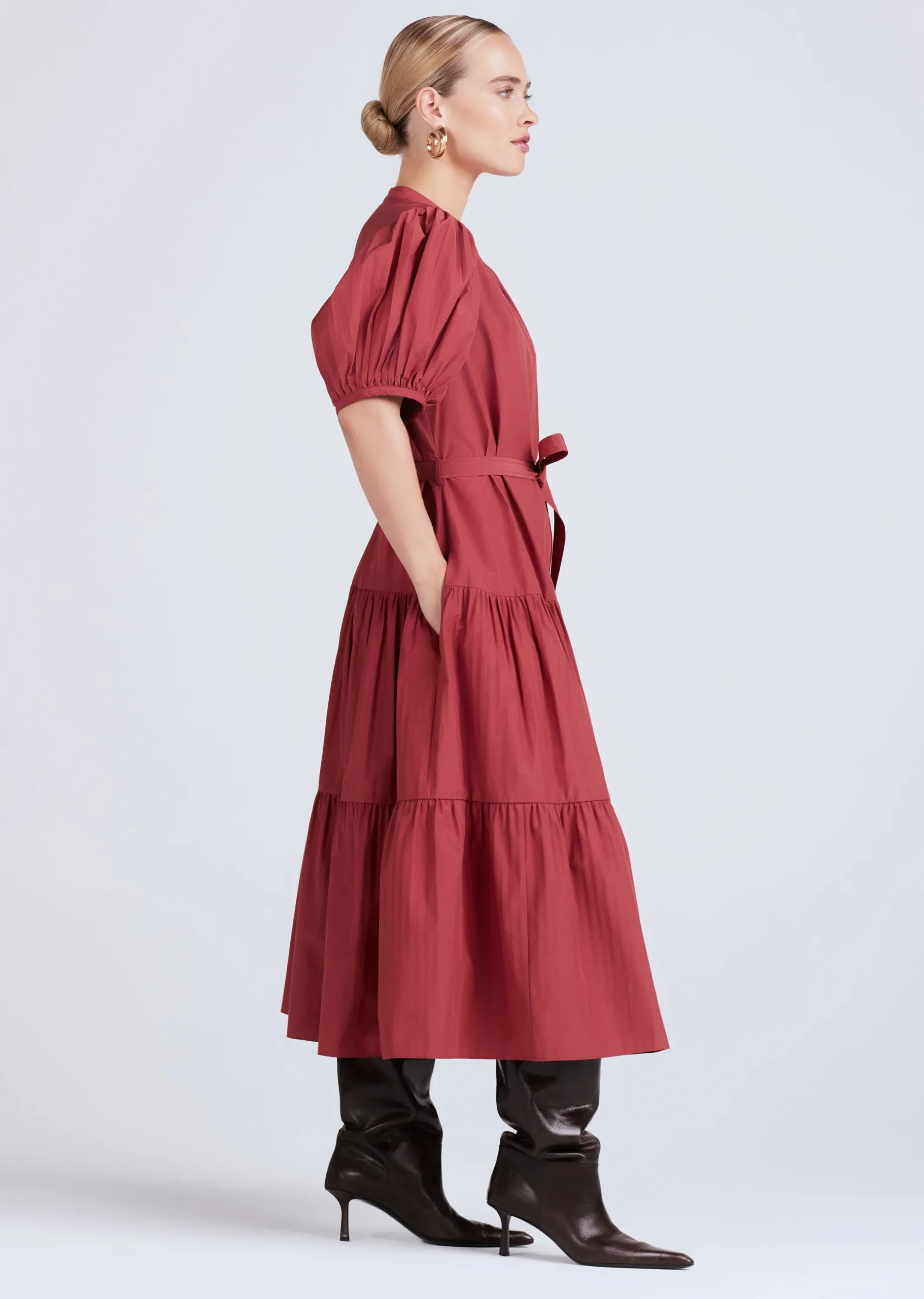 Derek Lam -Alexandra Puff Sleeve Shirt Midi Dress Rhubarb
