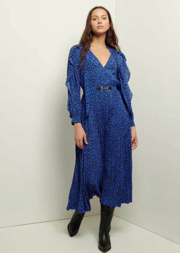 Derek Lam -Amanza Ruffle Pleated Dress Cobalt Multi