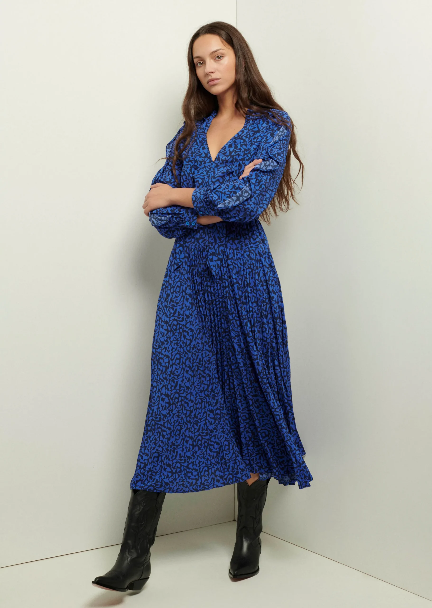 Derek Lam -Amanza Ruffle Pleated Dress Cobalt Multi