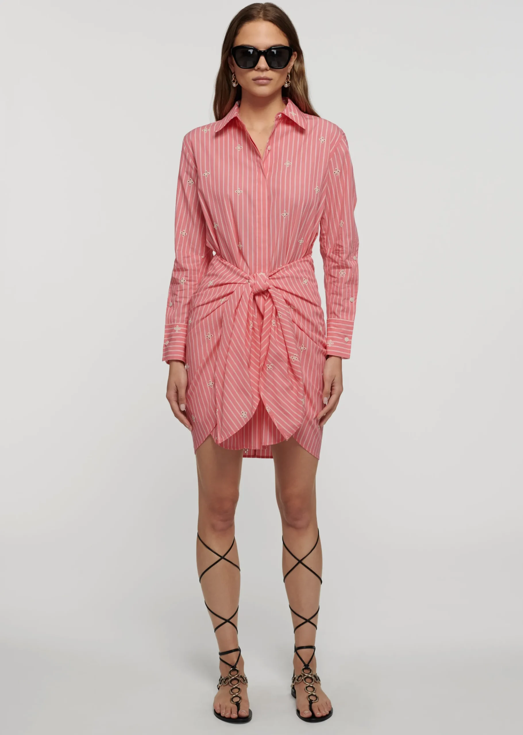Derek Lam -Charlotte Tie Waist Shirt Dress Coral-Ecru