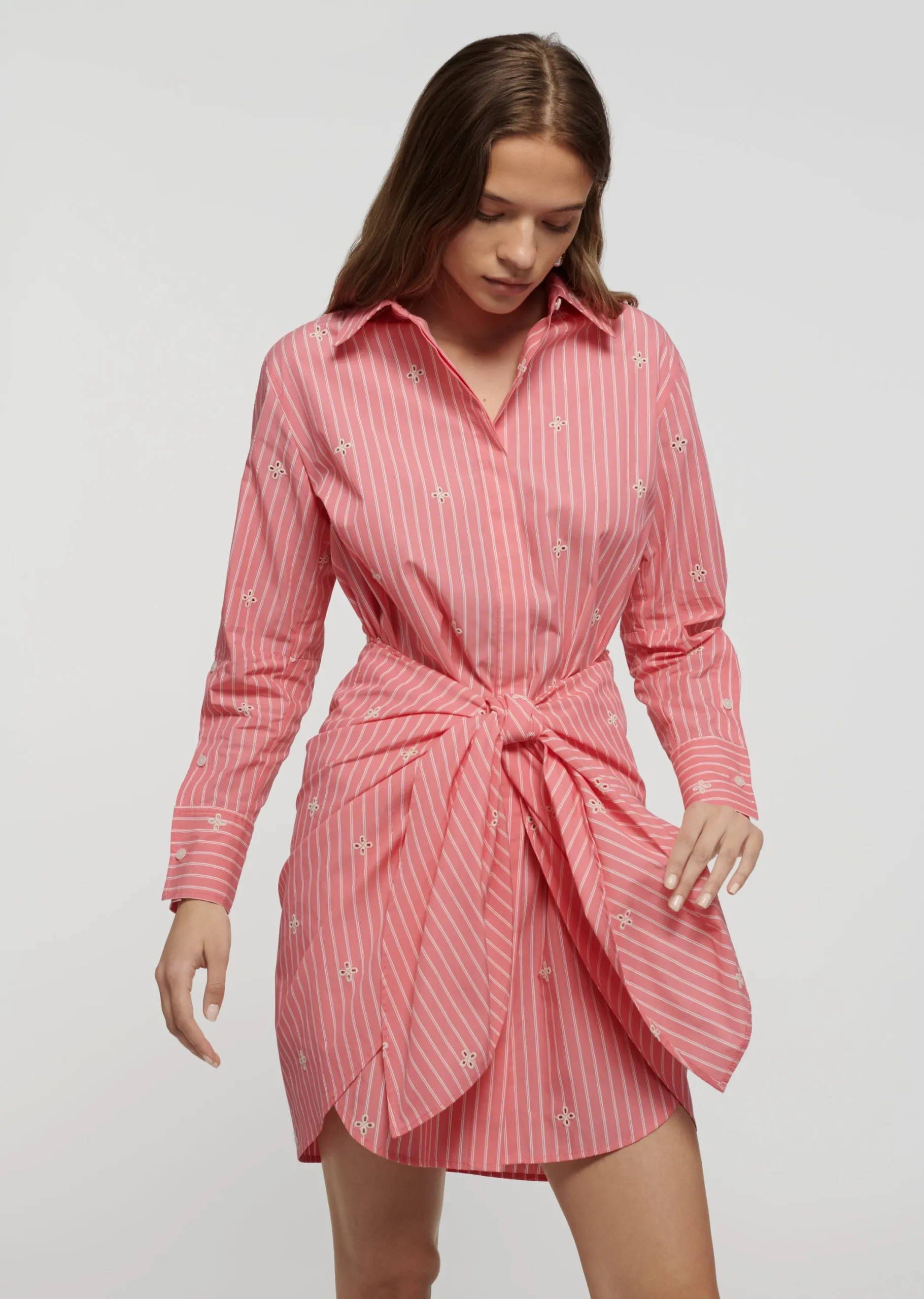Derek Lam -Charlotte Tie Waist Shirt Dress Coral-Ecru