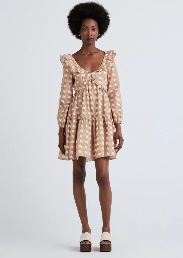 Derek Lam -Daina V-Neck Ruffle Dress Caramel Multi