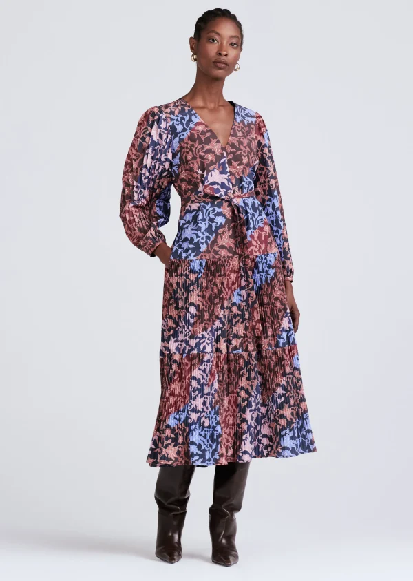 Derek Lam -Ferris Pleated V-Neck Midi Dress Purple Multi