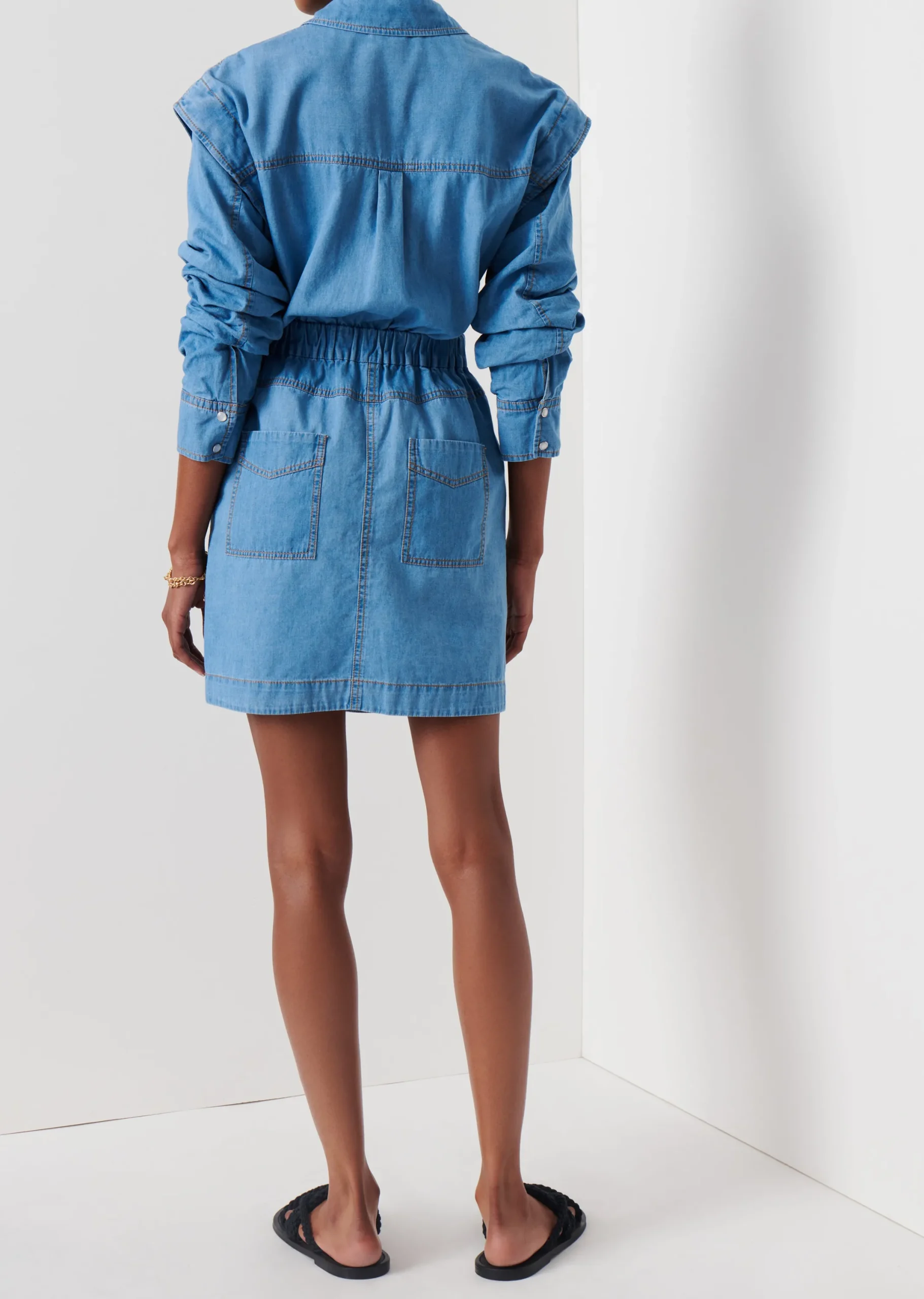 Derek Lam -Hadley Ruched Sleeve Shirt Dress Light Wash