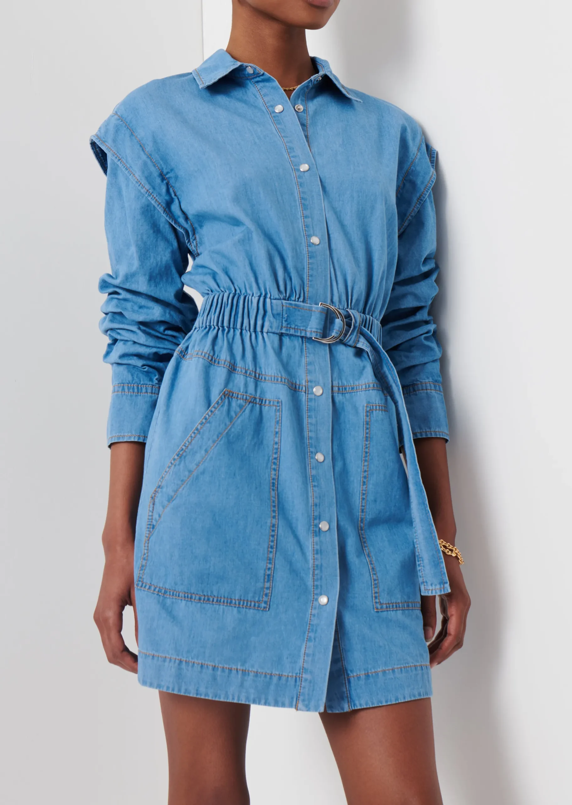 Derek Lam -Hadley Ruched Sleeve Shirt Dress Light Wash