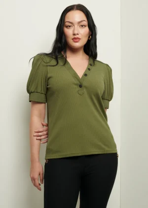 Derek Lam -Heather V-Neck Puff Sleeve T-Shirt Olive