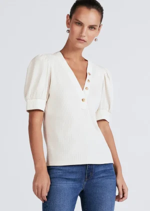 Derek Lam -Heather V-Neck Puff Sleeve T-Shirt Off White