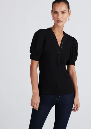 Derek Lam -Heather V-Neck Puff Sleeve T-Shirt Black