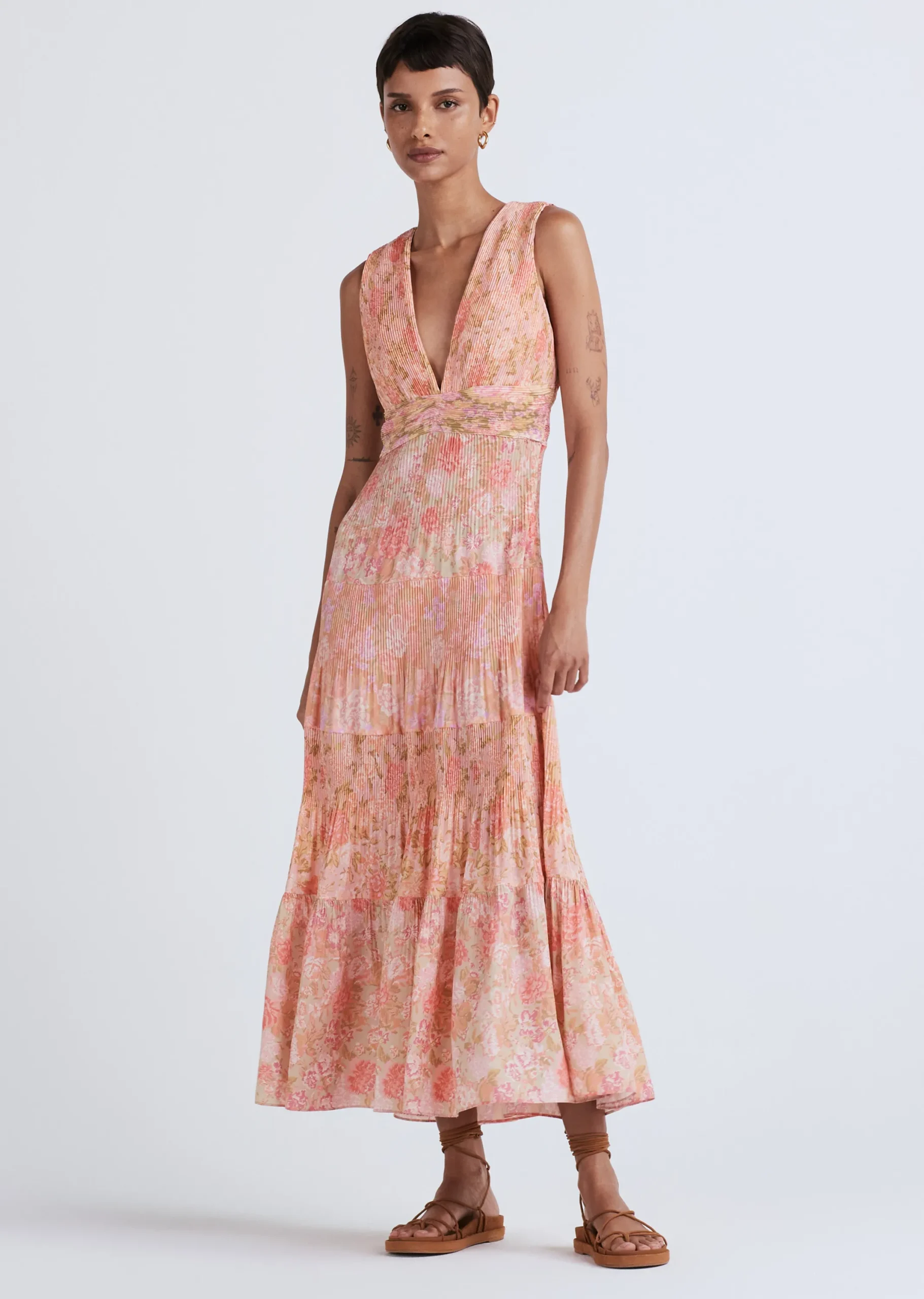 Derek Lam -Iris Pleated V-Neck Dress Patchwork Multi