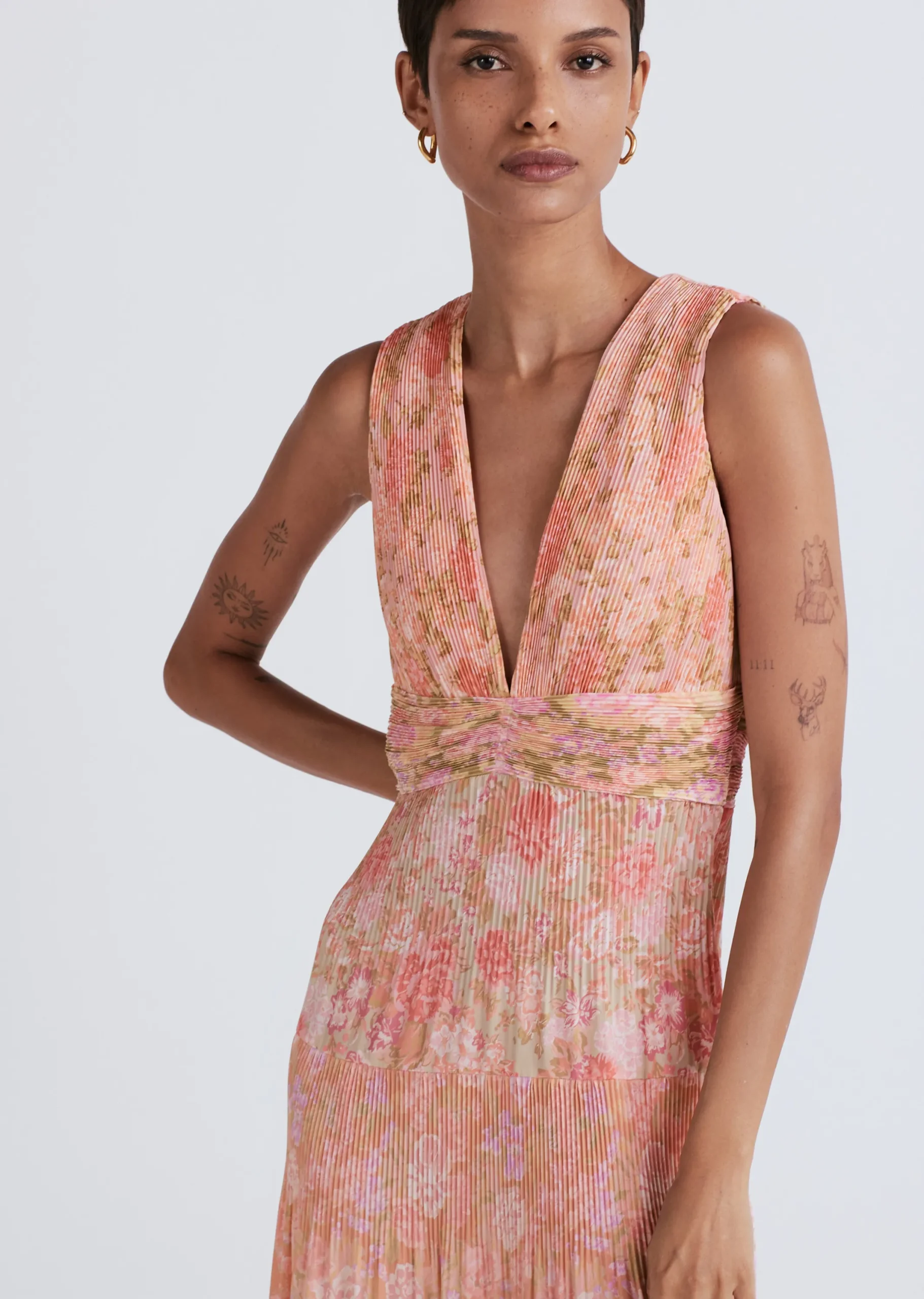 Derek Lam -Iris Pleated V-Neck Dress Patchwork Multi
