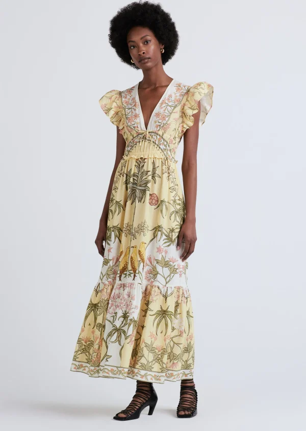 Derek Lam -Isadora V-Neck Ruffle Dress Pale Yellow Multi