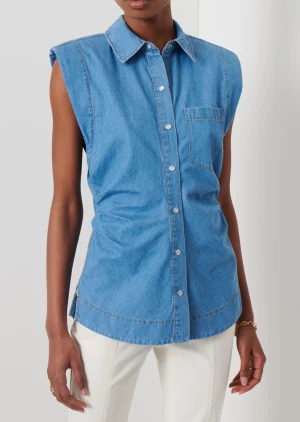 Derek Lam -Ivy Sleeveless Ruched Button Down Shirt Light Wash