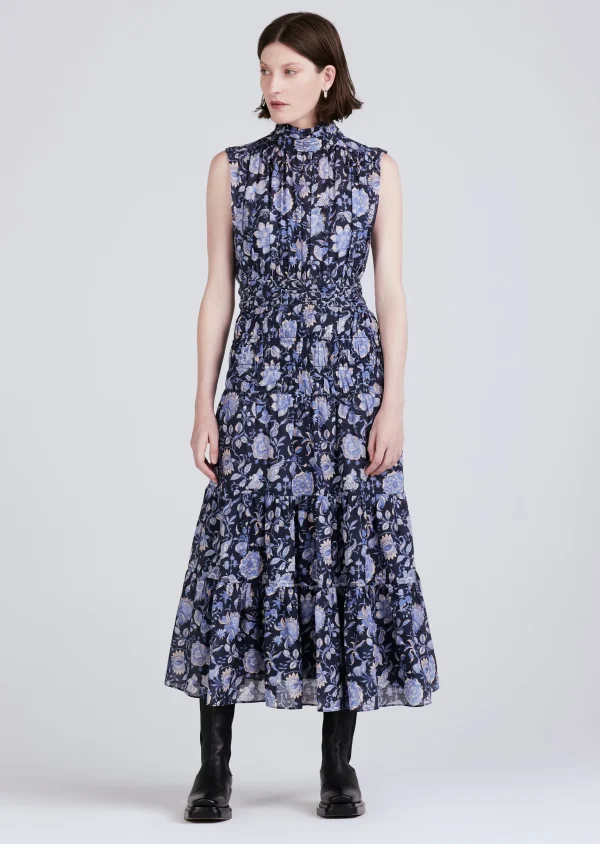 Derek Lam -Junia Rouched Sleeveless Midi Dress Navy Multi