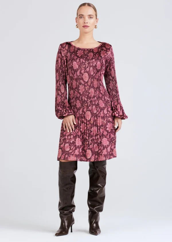 Derek Lam -Katerina Pleated Long Sleeve Mini Dress Burgundy Multi
