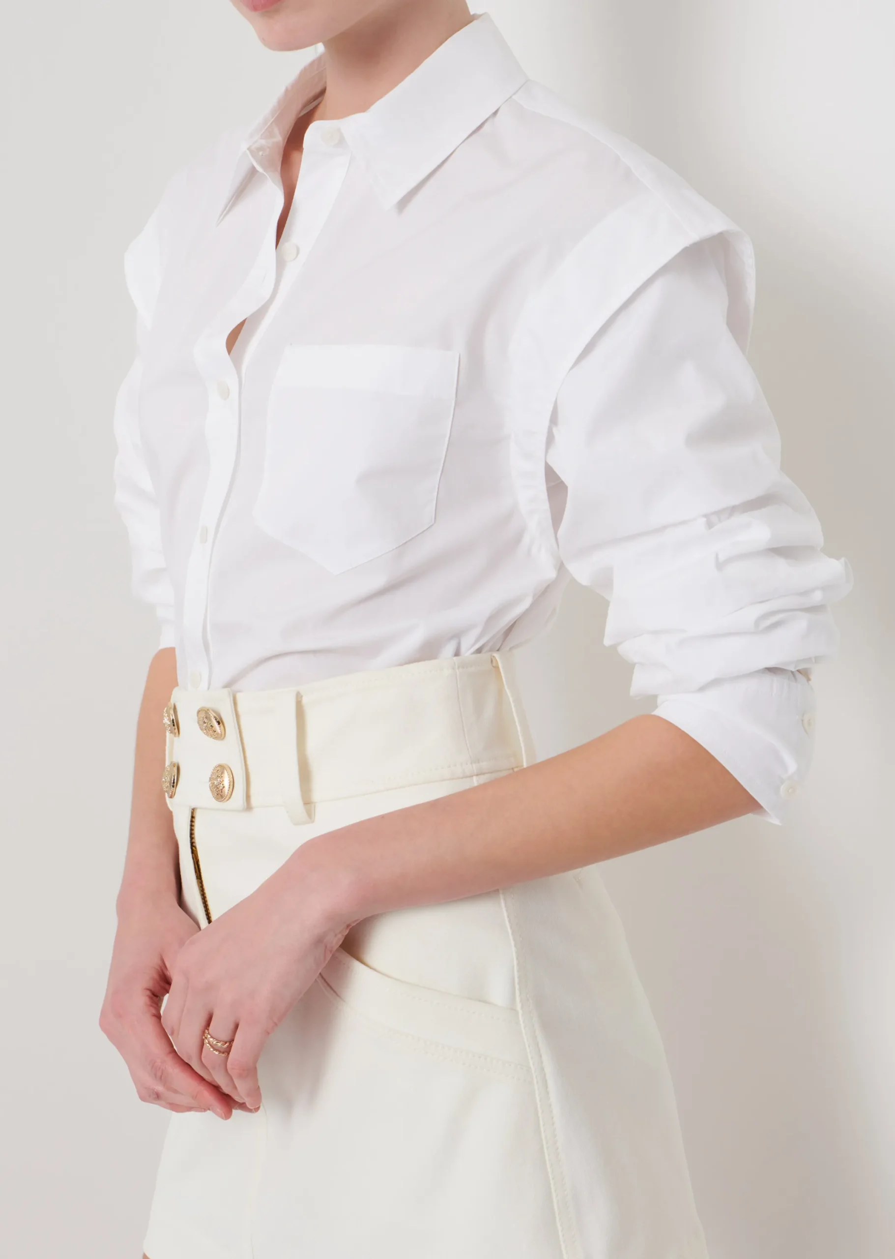 Derek Lam -Marley Ruched Sleeve Button Down Shirt White
