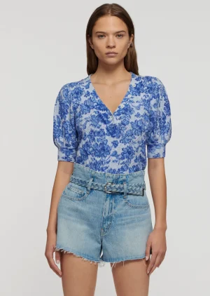 Derek Lam -Ray Puff Sleeve Henley Top Ikat Blue Multi