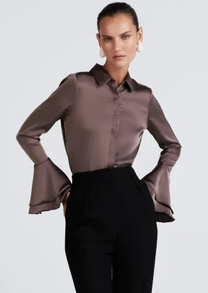 Derek Lam -Selma Button Down Flare Cuff Blouse Dark Truffle