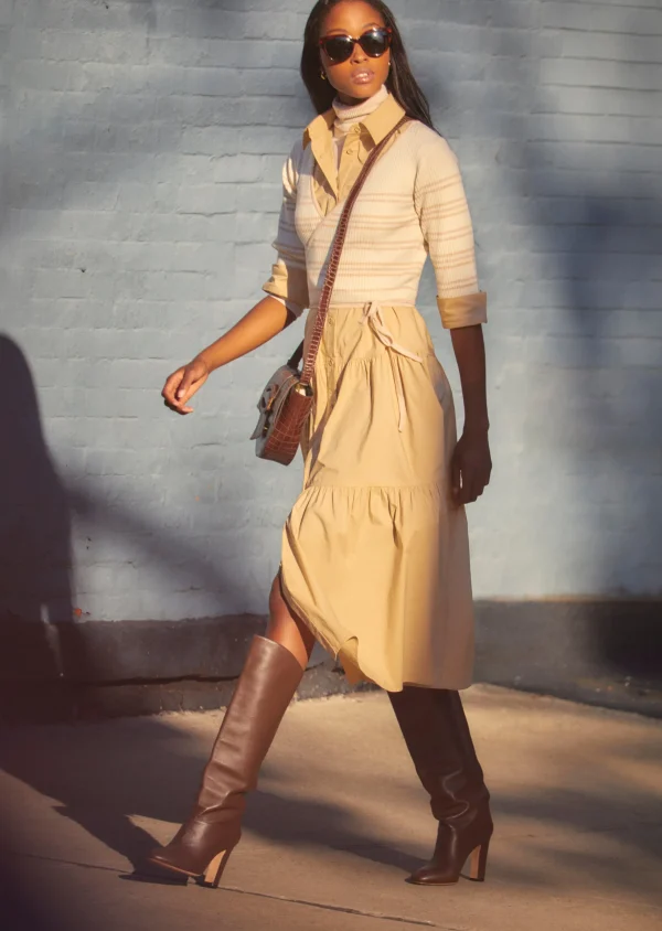Derek Lam -Tami Mixed Media Cardigan Shirt Dress Khaki-Cream