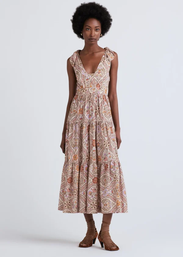 Derek Lam -Timothea Shoulder Tie Dress Light Khaki Multi