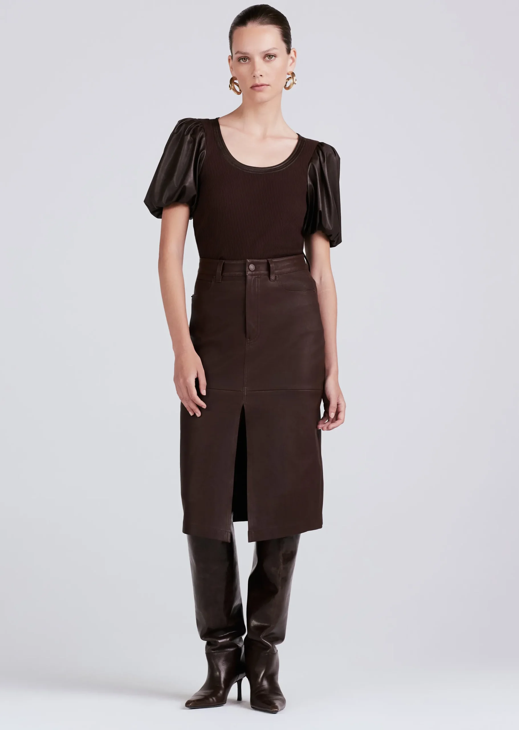 Derek Lam -Willa Contrast Balloon Sleeve Top Chocolate