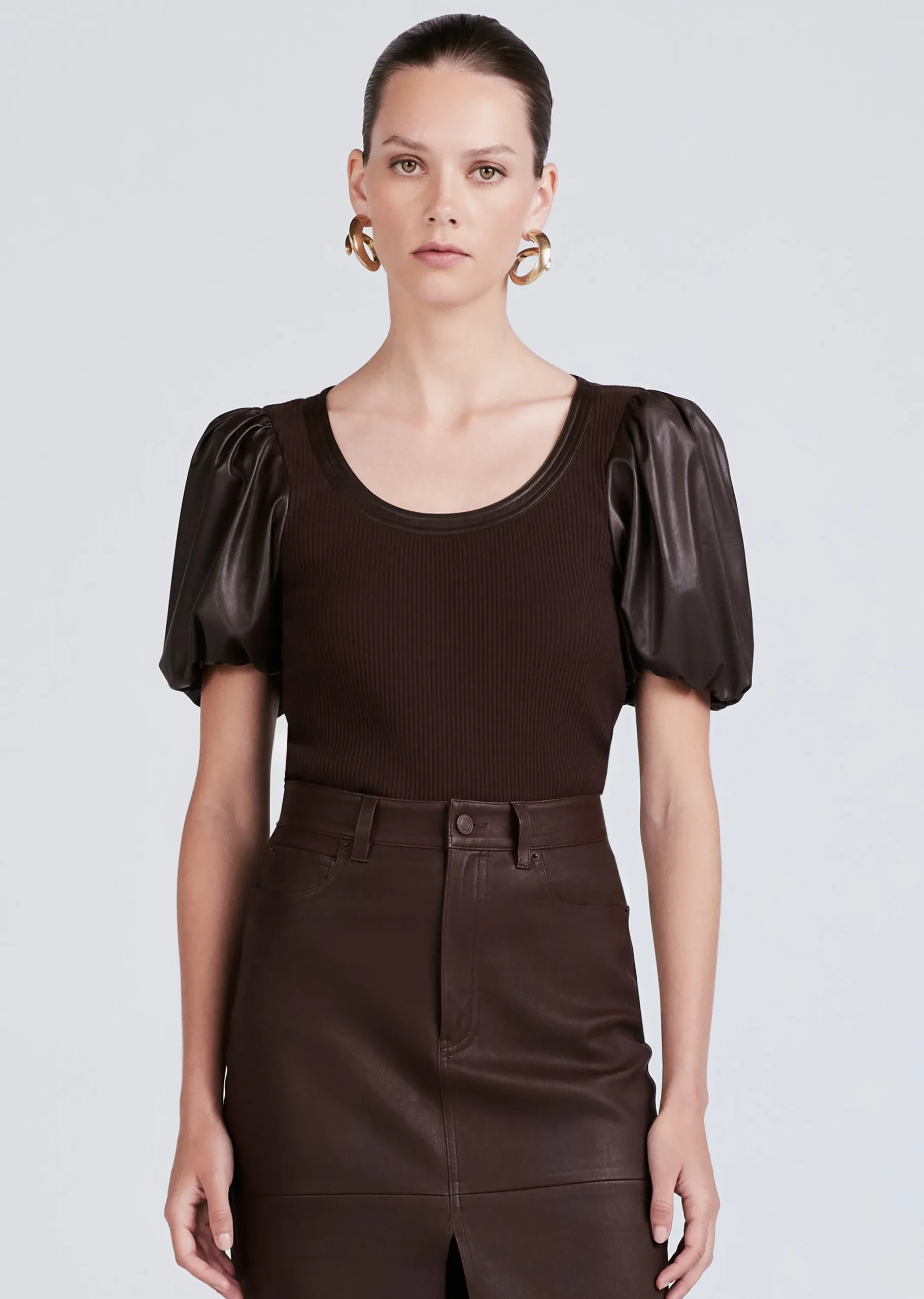 Derek Lam -Willa Contrast Balloon Sleeve Top Chocolate